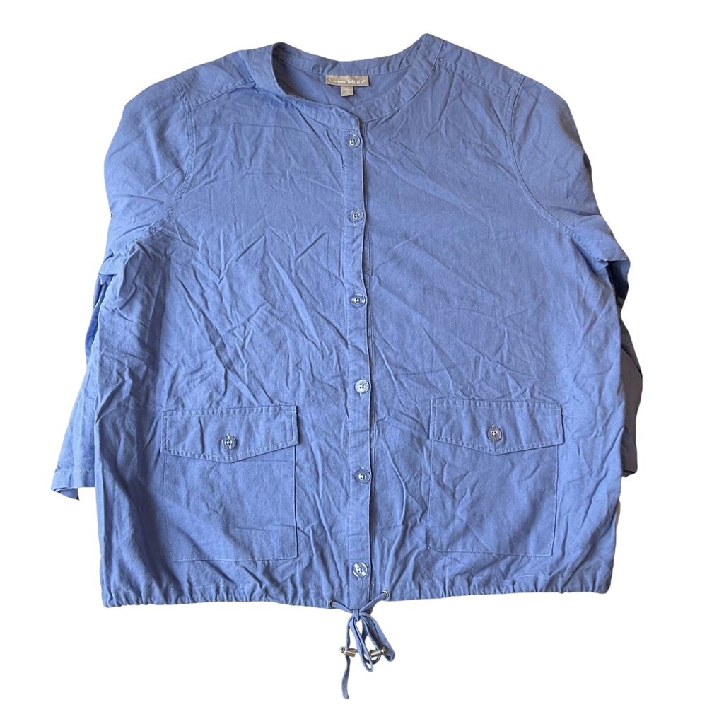 Woman Within Women Button Up Shirt Size 1X (22/24) Blue Linen Rayon Long Sleeves